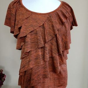 Stretch Top Pullover Tiered Flutter Slinky Ruffle Rows Sienna Rust AB Studio Lrg